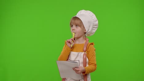 Child-girl-kid-cook-chef-writing-with-pen-in-notebook-new-recipe-standing-over-chroma-key-background