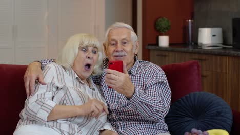 Großmutter-Und-Großvater-Führen-Zu-Hause-Einen-Online-Videoanruf-Mit-Dem-Mobiltelefon.-Lächelndes-älteres-Paar
