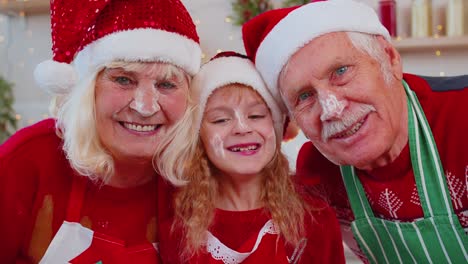 POV-of-senior-grandparents-with-grandchild-girl-taking-selfie-on-mobile-phone-on-Christmas-kitchen