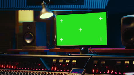 Empty-professional-recording-studio-control-room-with-greenscreen-on-display