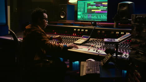 African-american-sound-expert-operates-on-audio-console-with-moving-faders