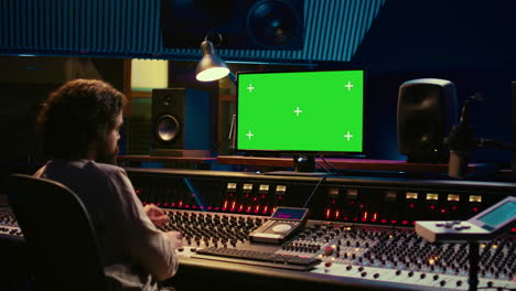 Sound-designer-editing-and-recording-tracks-with-mixing-console-in-control-room