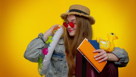 Traveler-tourist-cheerful-teen-stylish-girl-celebrating,-dancing-holding-passport,-tickets,-luggage
