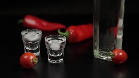 Cherry-tomato-roll-up-to-two-cups-of-vodka.-Black-background