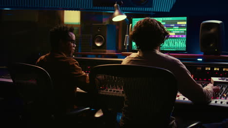 Diverse-team-collaborating-on-creating-a-new-hit-song-in-control-room