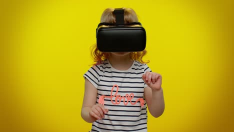 Little-teen-child-kid-girl-using-virtual-reality-VR-app-headset-helmet-to-play-simulation-3D-game