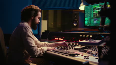 Portrait-of-sound-engineer-recording-audio-and-editing-with-mixing-console