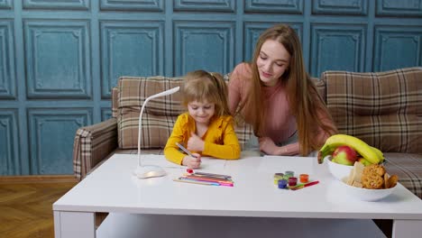Süße-Kleine-Tochter-Lernt-Hausaufgaben-Schreiben-Mit-Junger-Mutter,-Fernunterricht-Zu-Hause