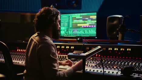 Audio-engineer-working-with-mixing-console-and-motorized-faders