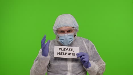 Arzt-Im-PSA-Anzug-Mit-Textaufschrift---Bitte-Helfen-Sie-Mir-N-Chroma-Key,-Coronavirus-Pandemie