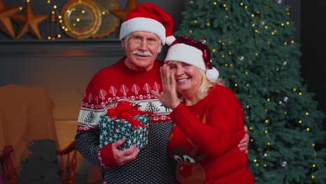 Senior-wife-and-husband-looking-at-camera-near-glowing-Christmas-tree,-waving-hello,-making-a-kiss