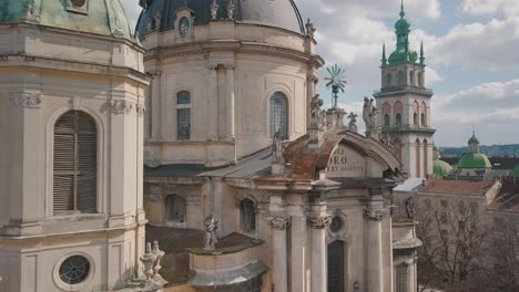 Aerial-City-Lviv,-Ukraine.-European-City.-Popular-areas-of-the-city.-Dominican