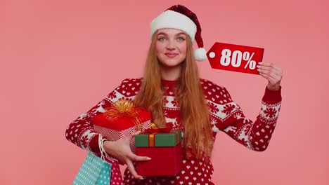 Frau-Im-Weihnachtspullover-Mit-Geschenkbox-Und-80-Prozent-Rabatt-Auf-Inschriften,-Banner,-Textnotiz