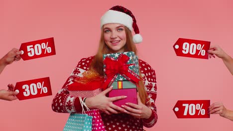 Mädchen-Hält-Geschenkboxen-In-Der-Hand-Und-Erhält-Weihnachtsrabatte,-Inschriften,-Bannertexte,-Einkaufsverkauf