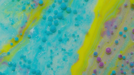 Macro-structure-of-multicolored-water-paint-oil-bubbles-movement,-bright-colorful-acrylic-painting