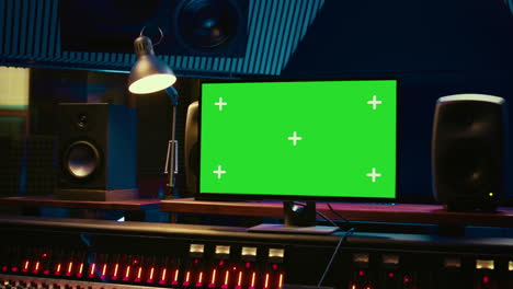 Control-room-with-greenscreen-running-on-computer-next-to-buttons-and-sliders