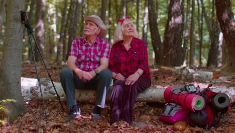 Grandmother-grandfather-senior-tourists-hikers-sitting-on-tree-and-hugging,-kissing-in-summer-forest