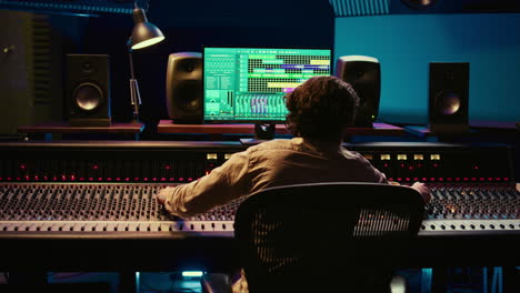 Music-producer-finishing-a-track-with-audio-software-and-mixing-console