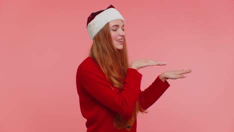 Adult-happy-cute-girl-in-Christmas-sweater-listening-music,-dancing-disco-fooling-around-having-fun