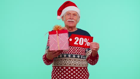 Grandfather-in-Christmas-sweater-showing-gift-box-and-20-Percent-discount-inscriptions-banner-text