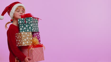 Girl-in-Christmas-sweater,-Santa-hat,-smiling,-holding-many-gift-boxes-New-Year-presents-shopping
