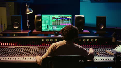 Sound-designer-mixing-and-mastering-tracks-on-audio-console-in-control-room