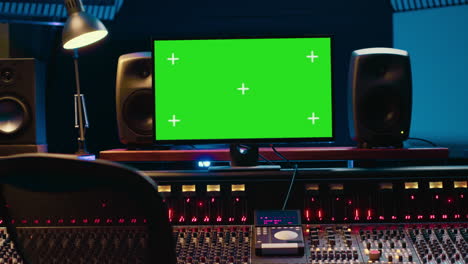 Control-room-with-greenscreen-running-on-computer-next-to-buttons-and-sliders