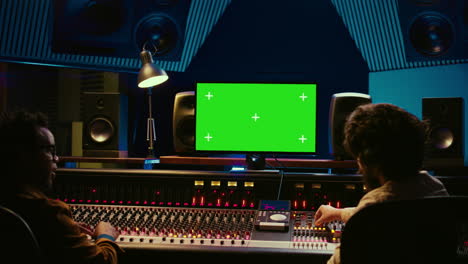 Team-of-music-engineer-and-artist-recording-tracks-on-greenscreen