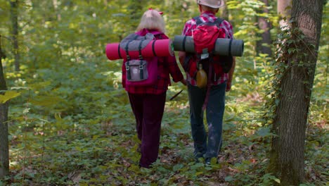 Senior-old-grandmother-grandfather-tourists-engaged-in-walking-hiking-with-backpacks-in-summer-wood
