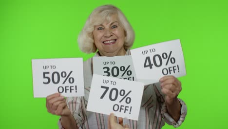 Grandma-showing-sale-percent-discounts-advertisement-inscriptions-banners.-Black-Friday-concept