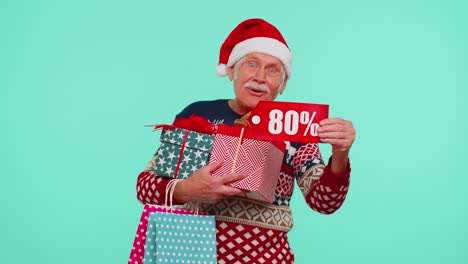 Grandfather-in-Christmas-sweater-showing-gift-box-and-80-Percent-discount-inscriptions-banner-text