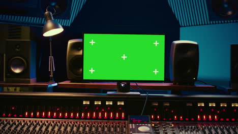 Empty-professional-recording-studio-control-room-with-greenscreen-on-display