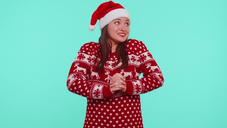 Cheerful-girl-in-Christmas-Santa-sweater-getting-present-gift-box,-expressing-amazement-happiness
