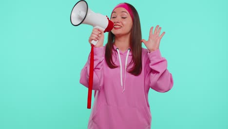 Teen-girl-scream-shout-in-megaphone-loudspeaker-announces-discounts-sale-announcing-advertisement