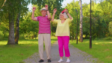 Senior-stylish-couple-grandmother-grandfather-dancing,-listening-music-on-musical-speakers-in-park