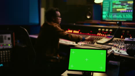 African-american-tracking-engineer-works-with-greenscreen