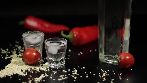 Spärlich-Sesamsamen-Zu-Zwei-Tassen-Wodka-In-Der-Nähe-Von-Flasche-Mit-Wodka