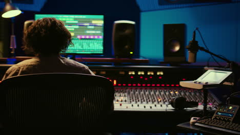 Music-producer-editing-tracks-with-mixing-console-and-audio-software-in-studio