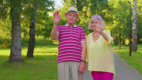 Älteres-Stilvolles-Paar-Großmutter-Großvater-Lächelt-Freundlich-Winkende-Hände-Gestikulieren-Hallo,-Auf-Wiedersehen