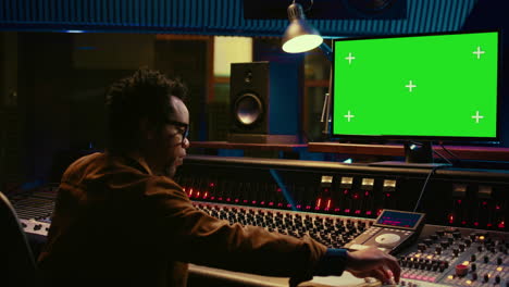 African-american-sound-designer-looks-at-greenscreen-to-record-and-edit-tunes