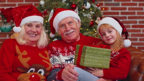 Senior-grandparents-with-granddaughter-in-Santa-Claus-hat-celebrating-at-home-near-Christmas-tree