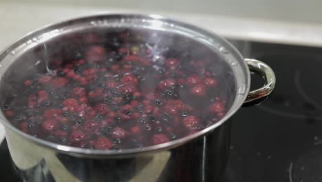 Berries-in-pot-with-boiling-water.-Adding-sugar.-Cooking-compote.-Kitchen