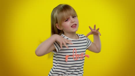 Little-teen-kid-child-girl-in-striped-t-shirt-listening-music-dancing-disco,-fooling,-having-fun
