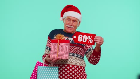 Grandfather-in-Christmas-sweater-showing-gift-box-and-60-Percent-discount-inscriptions-banner-text