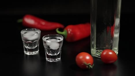 Cherry-tomato-roll-up-to-two-cups-of-vodka.-Black-background
