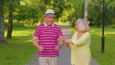 Glückliches,-Stilvolles-Seniorenpaar,-Großmutter,-Großvater,-Genießt-Ein-Date-Und-Tanzt-Im-Sommerpark