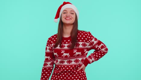 Cheerful-girl-in-red-sweater-Christmas-Santa-shouting,-celebrating-success,-winning,-goal-achievemen