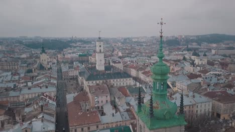 Aerial-City-Lviv,-Ukraine.-European-City.-Popular-areas-of-the-city.-Ratush