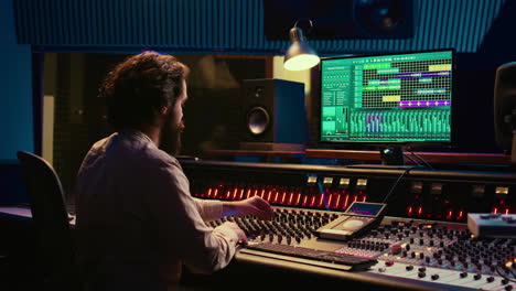 Control-room-sound-engineer-editing-music-with-sliders-and-knobs