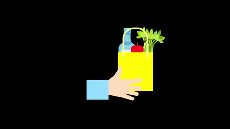 Eine-Hand,-Die-Eine-Gelbe-Tasche-Mit-Einem-Konzept-Loop-Animationsvideo-Für-Lebensmittel-Mit-Alphakanal-Hält